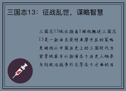 三国志13：征战乱世，谋略智慧